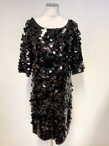 PHASE EIGHT BLACK LARGE SEQUINNED SHORT SLEEVE SHIFT COCKTAIL DRESS SIZE 12