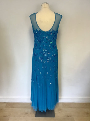BRAND NEW MONSOON TURQOUISE BEADED & SEQUINNED LONG EVENING DRESS SIZE 14