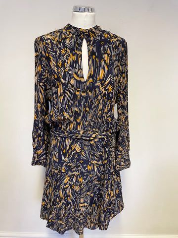 REISS LILIA NAVY BLUE & ORANGE FEATHER PRINT LONG SLEEVE FIT & FLARE DRESS SIZE 14