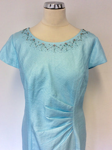PRÉCIS AQUA BEADED NECKLINE PENCIL DRESS & BOLERO JACKET SIZE 14/16