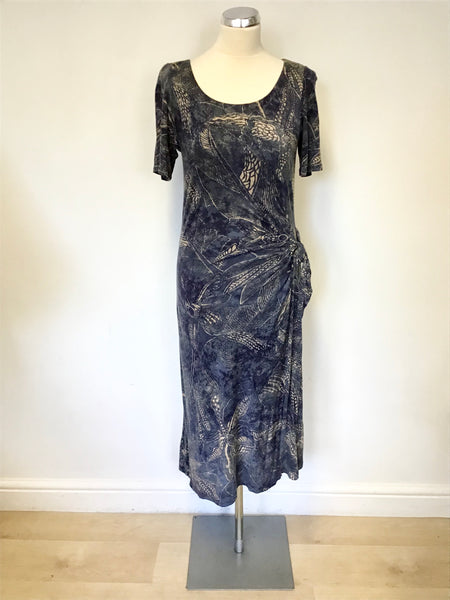 RALPH LAUREN BLUE & BEIGE PRINT SHORT SLEEVE STRETCH JERSEY DRESS SIZE S