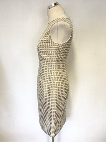 BRAND NEW 346 BROOKS BROTHERS GOLD & WHITE PRINT SLEEVELESS PENCIL DRESS SIZE 8