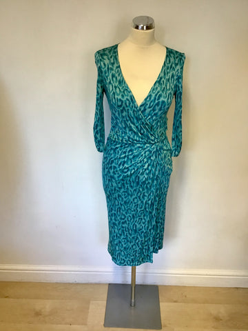 KAREN MILLEN SILK TURQUOISE ANIMAL PRINT 3/4 SLEEVE WRAP DRESS SIZE 10