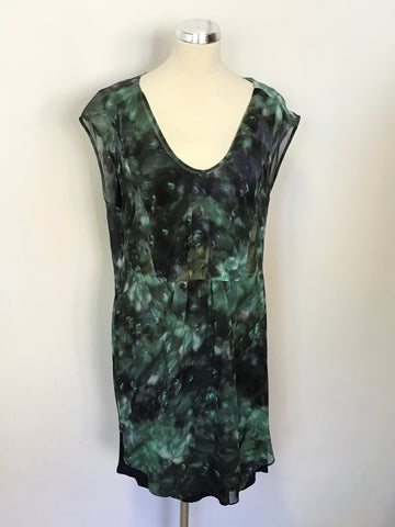 REISS BLACK & GREEN PRINT SILK FRONT OVERLAY SLEEVELESS PENCIL DRESS SIZE 14