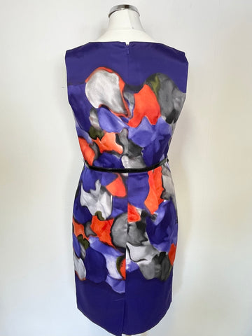 PRECIS PURPLE,ORANGE & GREY PATTERNED SLEEVELESS BELTED PENCIL DRESS SIZE 8