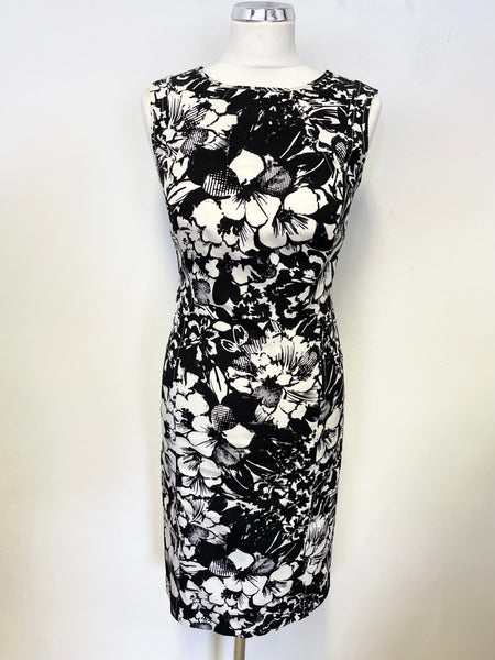 JAEGER BLACK & WHITE FLORAL PRINT SLEEVELESS PENCIL DRESS SIZE 8/10