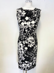 JAEGER BLACK & WHITE FLORAL PRINT SLEEVELESS PENCIL DRESS SIZE 8/10