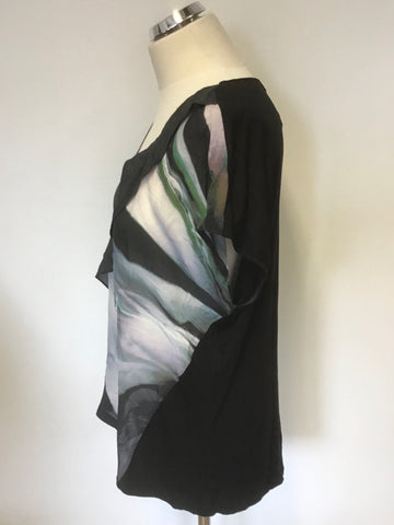 MINT VELVET BLACK WITH SILK FRONT SHORT SLEEVE TOP SIZE 14