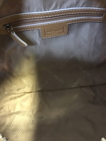 KAREN MILLEN FLORAL ROSE PRINT COTTON & TAN LEATHER TRIM HAND BAG