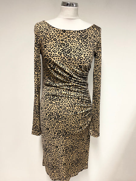 LK BENNETT CAMEL & BLACK LEOPARD PRINT LONG SLEEVED 100% SILK DRESS SIZE 8