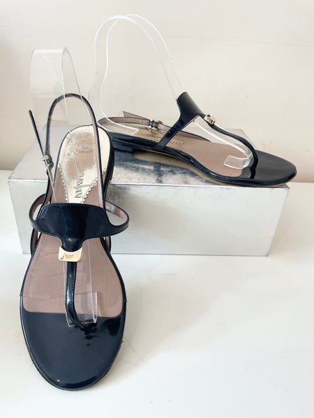 EMPORIO ARMANI BLACK PATENT LEATHER TOE POST SLING BACK HEEL FLAT SANDALS SIZE 4/37