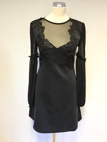 BRAND NEW ASOS BLACK SHEER LONG SLEEVE LACE TRIM MINI DRESS SIZE 12
