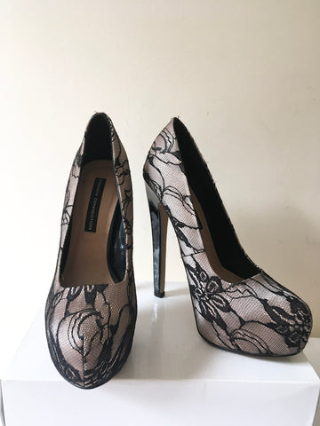 BRAND NEW FRENCH CONNECTION MINK SATIN & BLACK LACE VERY HIGH HEELS SIZE 7/40