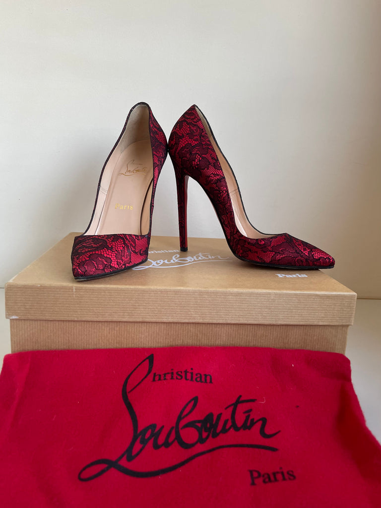 CHRISTIAN LOUBOUTIN RED SATIN & BLACK LACE HEELS SIZE 4.5/37.5 Whispers Dress Agency CHRISTIAN LOUBOUTIN RED SATIN & BLACK LACE HEELS SIZE 4.5/37.5 Whispers Dress Agency