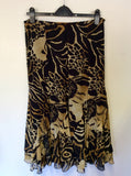JAEGER BLACK & CAMEL PRINT SILK CALF LENGTH SKIRT SIZE 12