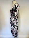 LK BENNETT CRYSTAL BLACK & MULTI COLOURED FLORAL PRINT PENCIL DRESS SIZE 12