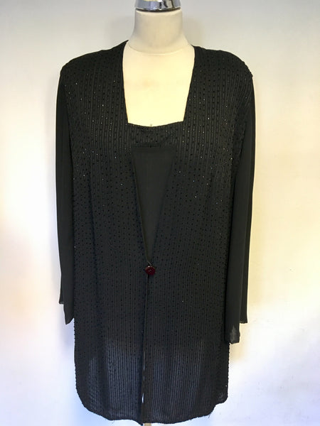 FRANK USHER BLACK BEADED CAMISOLE & SEMI SHEER JACKET SIZE 20