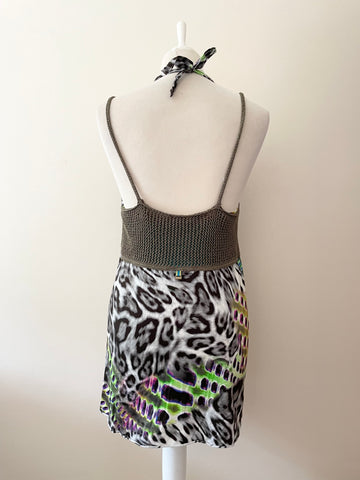 MARCCAIN MULTI COLOURED PRINT HALTER NECK TOP WITH CROCHET KNIT OVERLAYER SIZE S