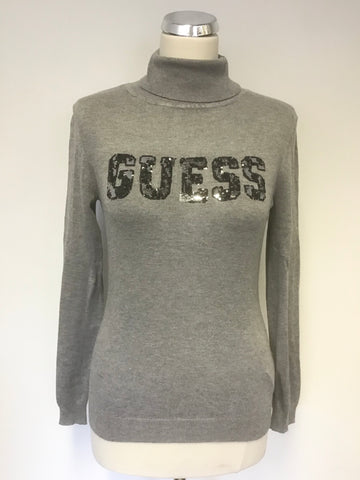 GUESS GREY POLO NECK SEQUIN LOGO TRIM LONG SLEEVE JUMPER SIZE S