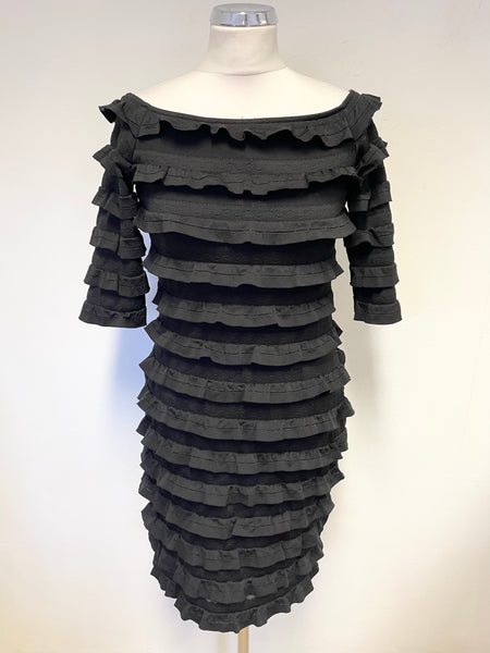 JOSEPH RIBKOFF BLACK TIERED FRILL STRETCH PENCIL DRESS SIZE 12