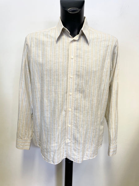 SAND CREAM & BLUE STRIPE LONG SLEEVED LINEN & COTTON BLEND SHIRT SIZE L