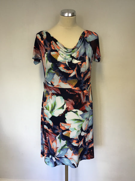 JAMES LAKELAND MULTI COLOURED FLORAL PRINT COLD SHOULDER A LINE DRESS SIZE 14