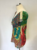 SAVE THE QUEEN MULTI COLOURED PRINT CAP SLEEVE TIE FRONT TOP SIZE L