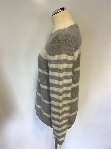 CREW CLOTHING GREY & WHITE STRIPED WOOL BLEND JUMPER SIZE 14