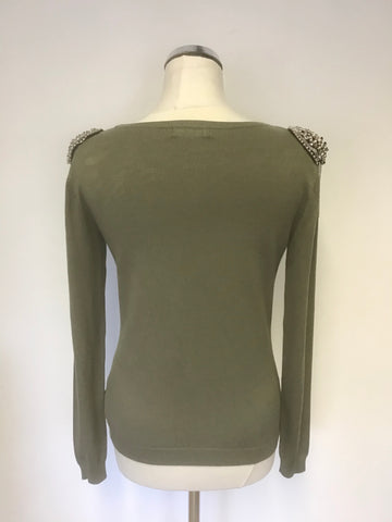 GUESS KHAKI GREEN EMBELLISHED SHOULDER LONG SLEEVE JUMPER SIZE S