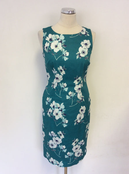 HOBBS EMERALD GREEN & WHITE FLORAL PRINT COTTON PENCIL DRESS SIZE 10