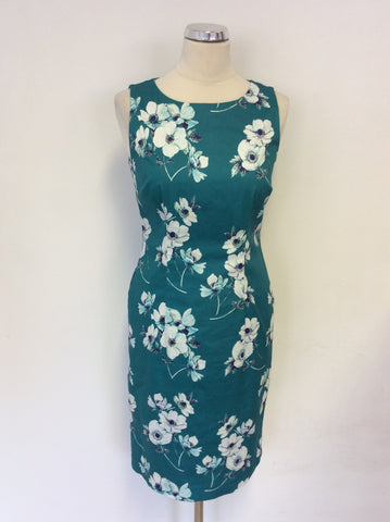 HOBBS EMERALD GREEN & WHITE FLORAL PRINT COTTON PENCIL DRESS SIZE 10