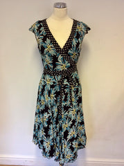 HOBBS BLACK,WHITE & TURQOUISE FLORAL PRINT SILK WRAP DRESS SIZE 10