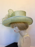 MINOSA LIGHT GREEN FEATHER & BOW TRIM WIDE BRIM FORMAL HAT