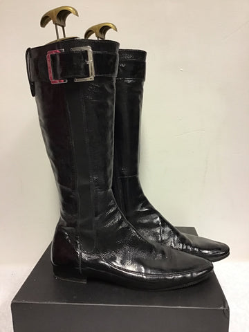 KAREN MILLEN BLACK PATENT LEATHER BUCKLE TRIM FLAT BOOTS SIZE 7/40