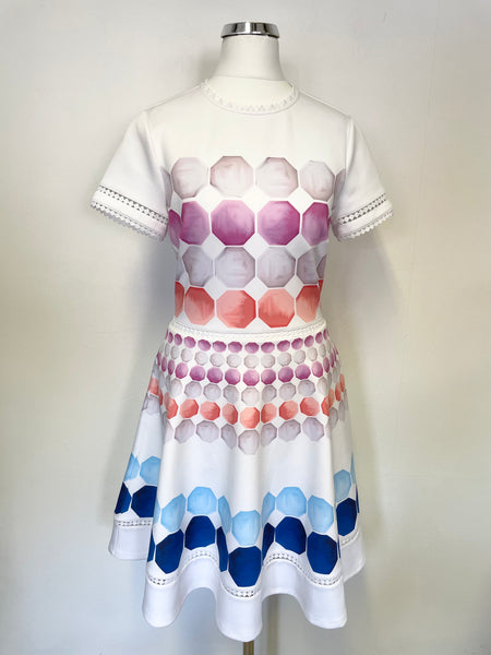 TED BAKER MYLEY MARINA WHITE MOSAIC PRINT SHORT SLEEVE SHATER DRESS SIZE 1 UK 8/10