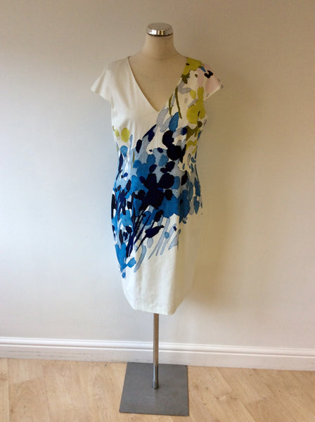 HOBBS INVITATION WHITE,BLUE & LIME PRINT COTTON DRESS SIZE 14