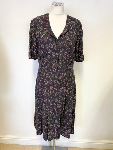 BRORA DARK GREY, GREEN & PURPLE FLORAL PRINT WOOL BLEND TEA DRESS SIZE 12