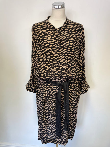 FARHI BY NICOLE FARHI BLACK & CAMEL PRINT SILK TIE WAIST 3/4 SLEEVE DRESS SIZE 16