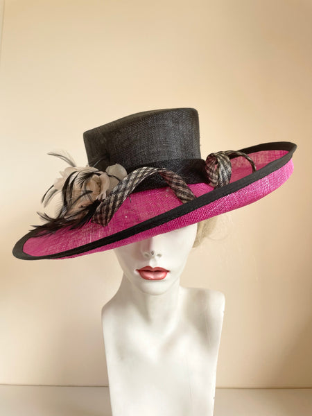 JACQUES VERT DARK PINK,BLACK & CREAM FLOWER, FEATHER & COIL TRIM FORMAL HAT