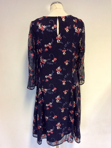 MONSOON NAVY BLUE EMBROIDERED FLORAL PRINT 3/4 SLEEVE DRESS SIZE 16