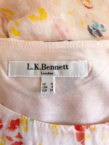LK BENNETT RANIA MULTICOLOURED FLORAL PRINT SHORT SLEEVE SILK TOP SIZE 10