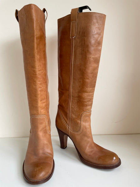 RUSSELL & BROMLEY TAN LEATHER KNEE LENGTH HEELED BOOTS SIZE 6.5/39.5