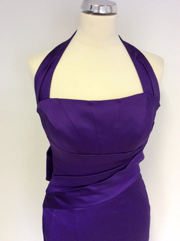 KAREN MILLEN PURPLE HALTERNECK PLEATED DETAIL PENCIL DRESS SIZE 8