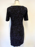JIGSAW BLACK & PURPLE PRINT SHORT SLEEVE STRETCH JERSEY DRESS SIZE S