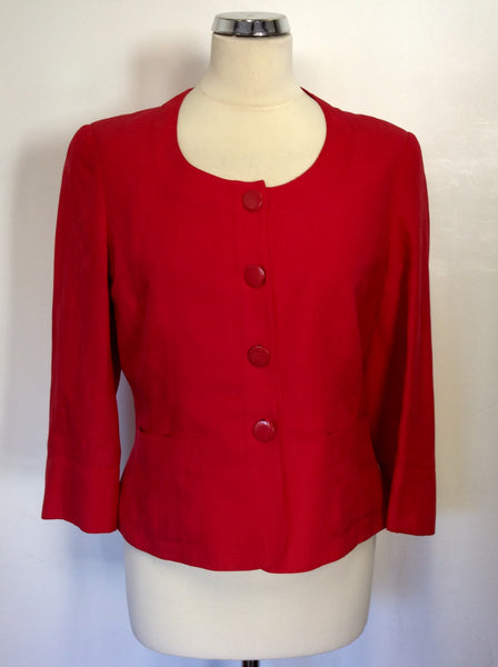 HOBBS RED SILK & LINEN COLLARLESS JACKET SIZE 12