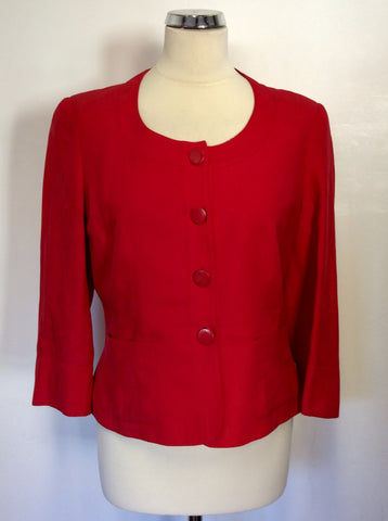 HOBBS RED SILK & LINEN COLLARLESS JACKET SIZE 12