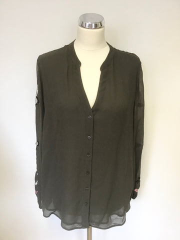 MINT VELVET BROWN V NECK EMBROIDERED SLEEVE BLOUSE SIZE 14
