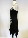 KAREN MILLEN BLACK SILK WITH EMERALD & DIAMANTE TRIM STRAPPY HANDKERCHIEF HEM DRESS SIZE 10