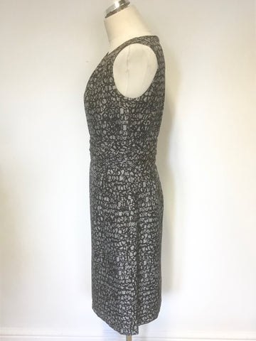 JIGSAW BLACK & GREY PRINT SILK SLEEVELESS PENCIL DRESS SIZE 10