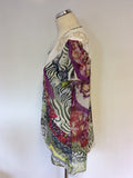 ELISA CAVALETTI WHITE & MULTICOLOURED PRINT EMBELISHED SHORT SLEEVE TOP SIZE XXL